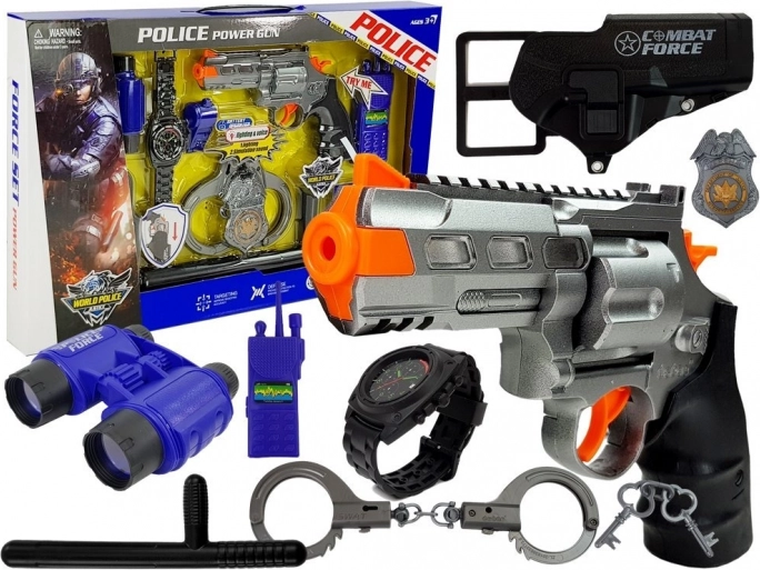 Politieset voor kinderen – pistool met licht en geluid, handboeien, verrekijker, walkietalkie, badge en accessoires