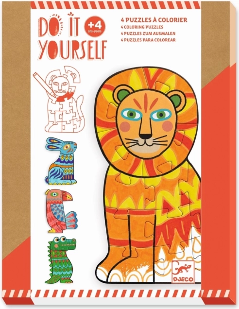 Djeco inkleur-omtrekpuzzel Dieren 4×12 stukjes