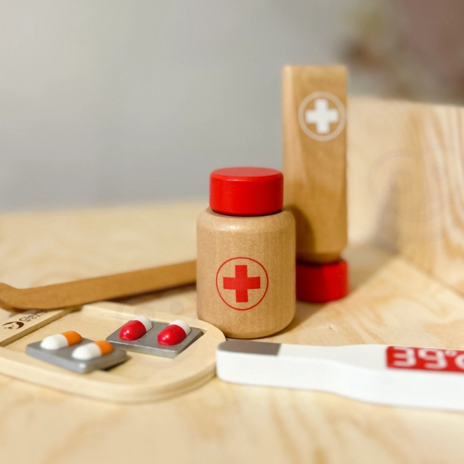 Set dokter/l-arts 19st hout/plastic in kartonnen verpakking 21x16x8cm