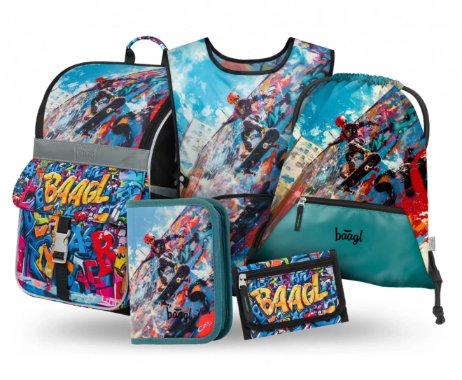 Set voor leerlingen Zippy Skatepark: rugzak, etui, zak, schort en portemonnee