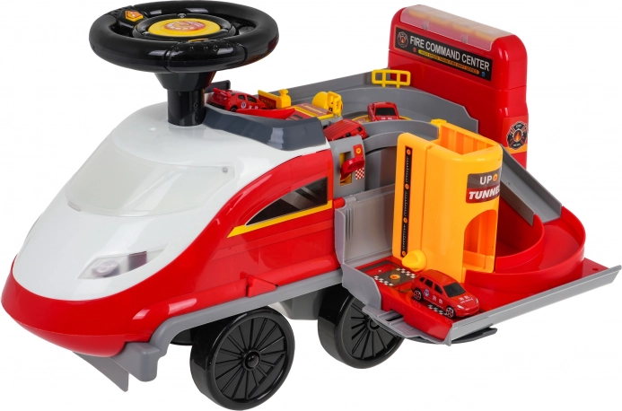 Interactieve 2-in-1 loopauto brandweer met licht en geluid, parkeergarage en 4 autootjes