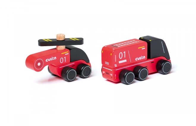 CUBIKA 15559 Brandweerman - houten speelgoedauto met helikopter