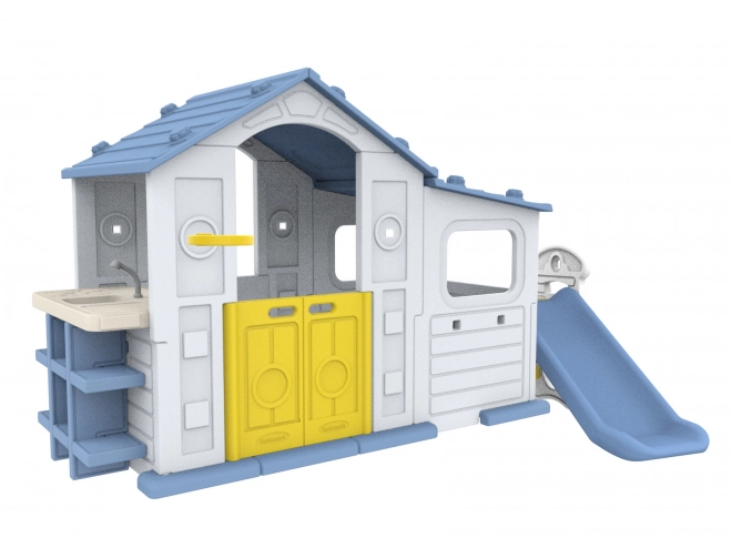 Groot huis met veranda, glijbaan en wastafel blauwe dak