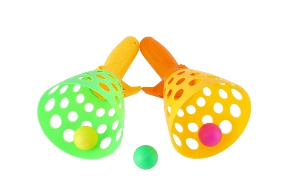 Catch balspel vangen 2 stuks plastic 19cm + 3 ballen in net