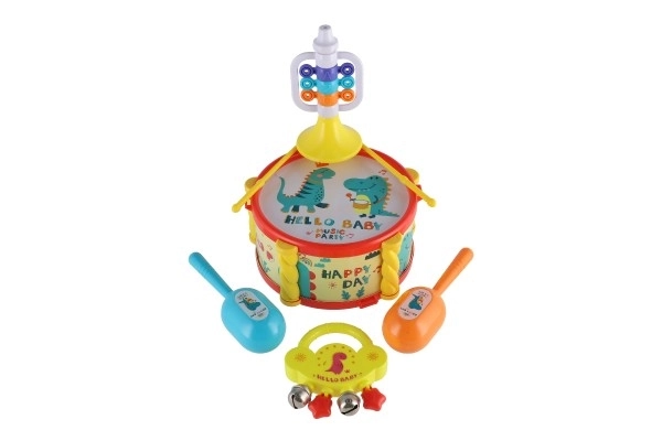 Muziekinstrumenten/set kunststof 5 stuks in doos 2 kleuren in zak 27,5x28cm 3m+
