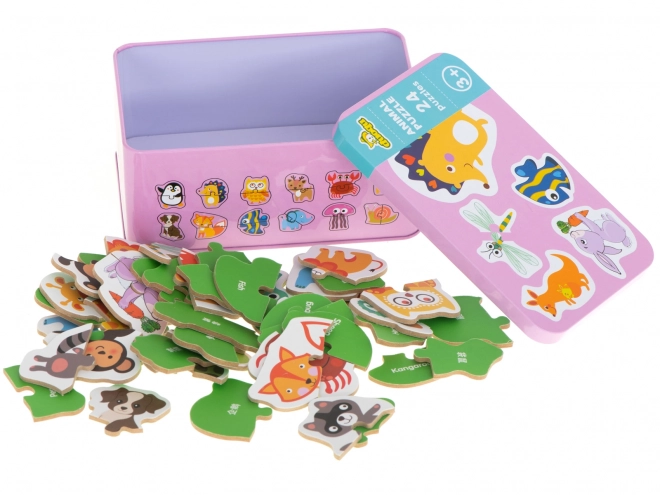 Puzzel met diermotieven in een blikken doosje