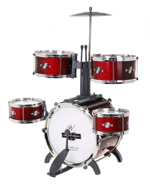 Rode drums met 7 trommels + krukje + 2 bekkens + 2 stokken - 12 delen