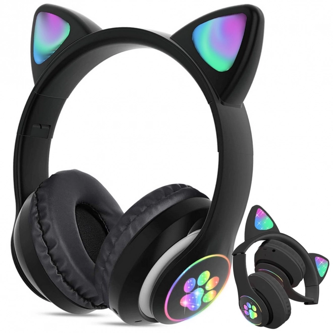 Draadloze koptelefoon bluetooth radio fm mp3 kattenoren led verlichting – zwart