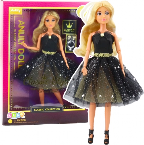 Pop Anlily zwart-gouden galajurk, beweegbare ledematen, blond haar