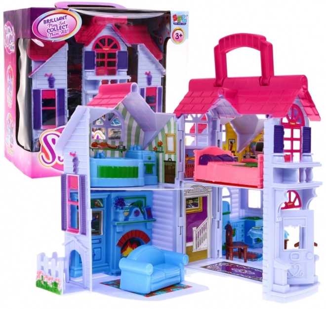 Uitklapbaar kinderspeelhuisje 3+ Paars + familiefiguren + hond + meubels + 2 verdiepingen