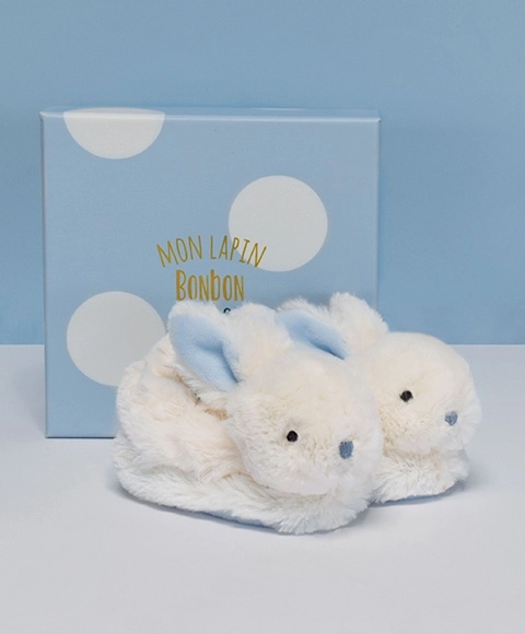 Doudou set slofjes met rammelaars Konijntje blauw voor kinderen 0-6 maanden