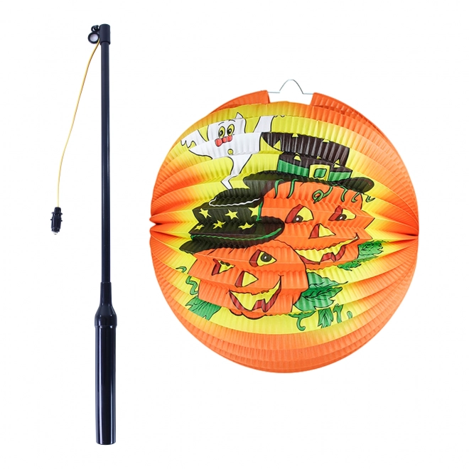 Halloween lampion vrolijke pompoen 15 cm met lichtgevende stok 40 cm