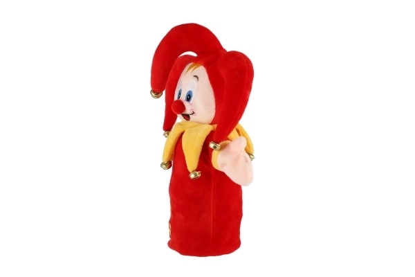 Kasper handpop van pluche 28cm met belletjes op kaart