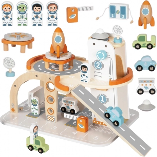Tooky Toy houten ruimtestation met parkeergarage en raket