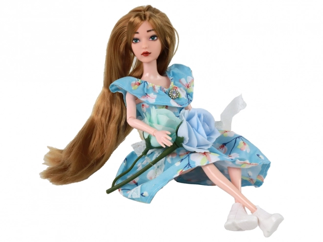 Emily Baby Pop Lente lang haar Blauw Jurkje Bloem