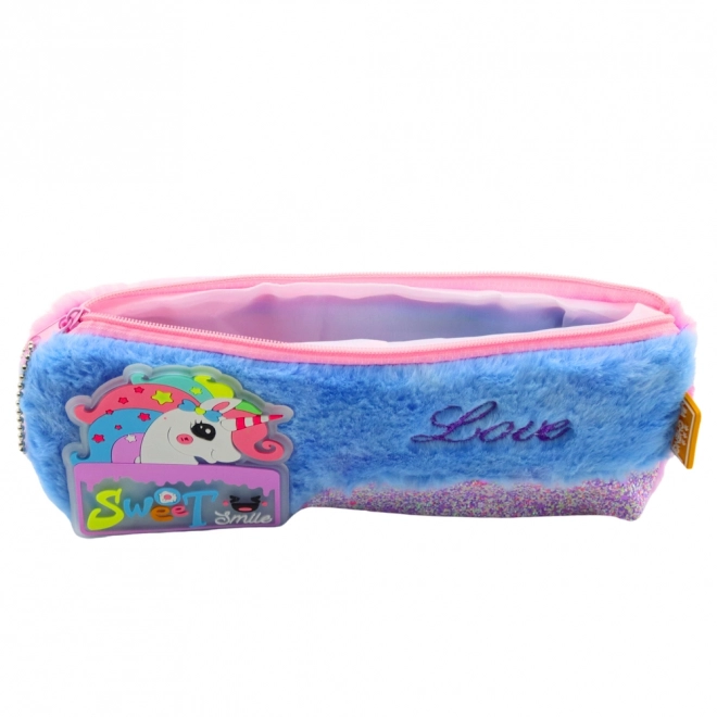 Pluche etui met eenhoorn blauw met glinsterende elementen
