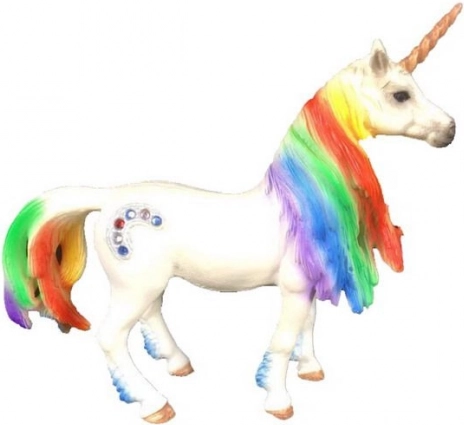 Beeldje van een eenhoorn met regenboogmanen