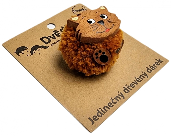 Grote houten magneet met pompom Kat