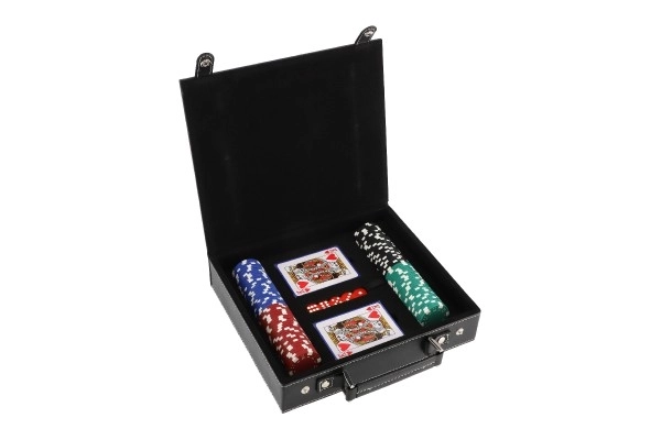 Pokerset 100 stuks + kaarten + dobbelstenen in koffertje in doos 28x25x8cm