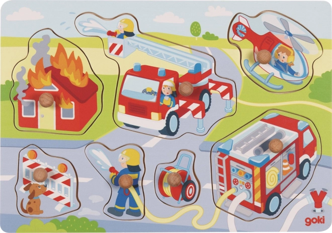 Houten inlegpuzzel brandweermannen in actie GOKI
