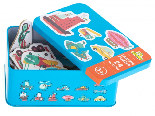 Puzzel met vervoermiddelen in een blikje