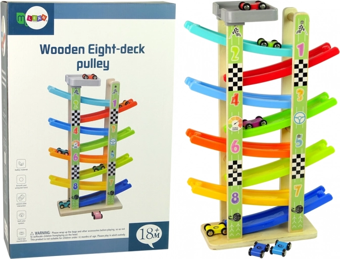 Houten racebaan met autootjes, 8 verdiepingen