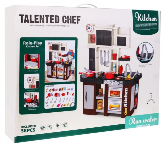 Interactieve bruine keuken + branders met geluid en licht + kraan + accessoires - 58 onderdelen