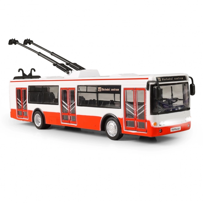 Trolleybus Tsjechisch sprekend plastic 29cm rood vrij rijden op bat. met licht en geluid in doos 33x11x10cm