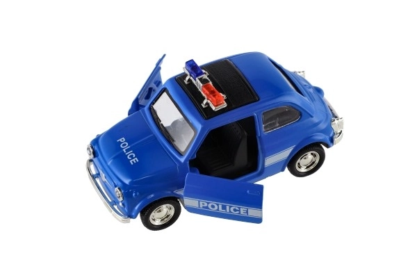 Retro politieauto 11cm metaal/plastic, zelfopwindend met licht op batterijen, 4 soorten