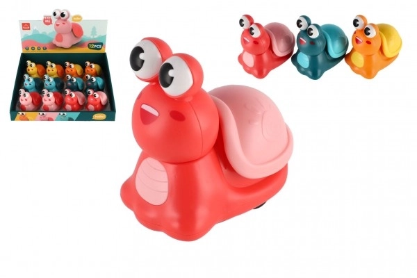 Slak Druk en Rijd plastic 8cm met opwindmechanisme 3 kleuren 12 stuks in doos