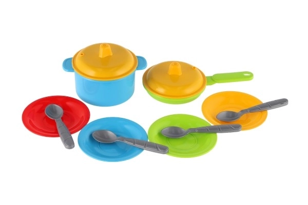 Set gekleurd plastic servies 12 st in net 12m+