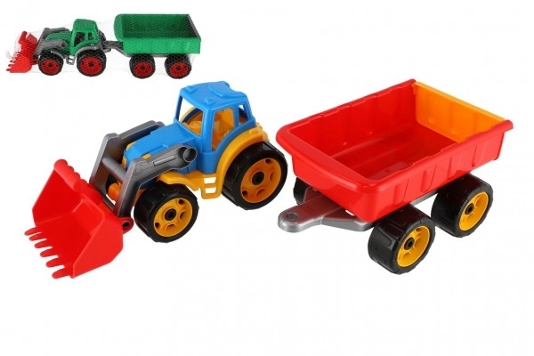 Tractor/lader/graafmachine met aanhanger met liggende plastic voor vrije beweging 2 kleuren in net 16x61x16cm