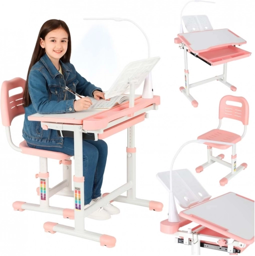Groeibaar kinderbureau met stoel en LED-lampje, roze