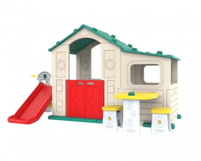 Groot kinderspeelhuis met veranda, glijbaan en groen dak