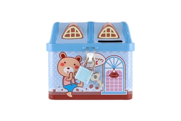 Blikken spaarpot huis met slot 12x11cm