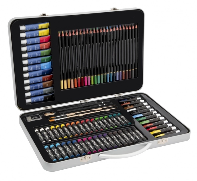 Set met kunstbenodigdheden in een metalen koffertje