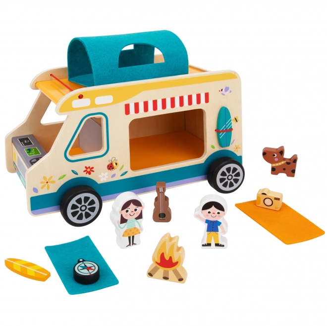Tooky Toy houten caravan met figuren voor kamperen