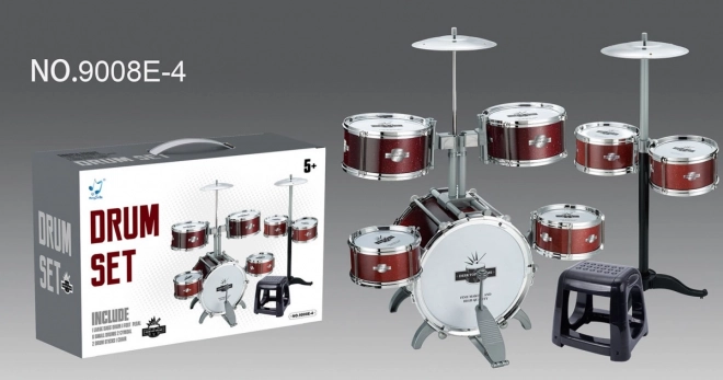 Rode drums met 7 trommels + krukje + 2 bekkens + 2 stokken - 12 delen