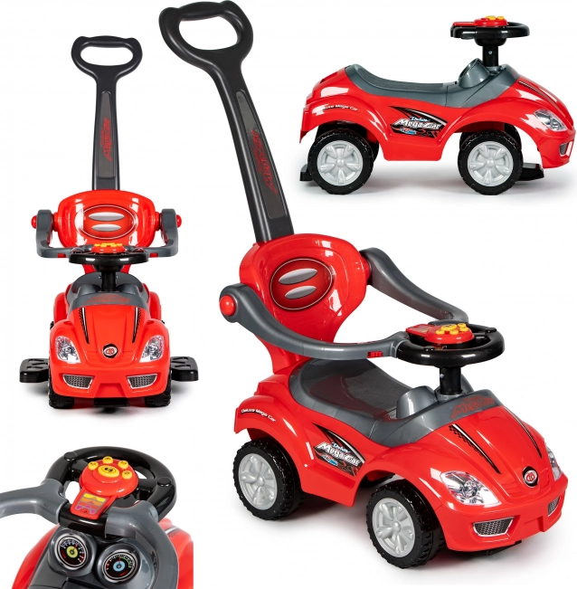 Loopauto 3-in-1 Deluxe met duwstang en muzikaal paneel – rood
