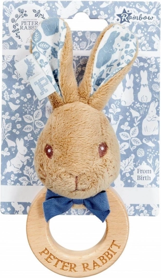 Rammelaar en bijtring konijntje Peter Rabbit van hout en katoen