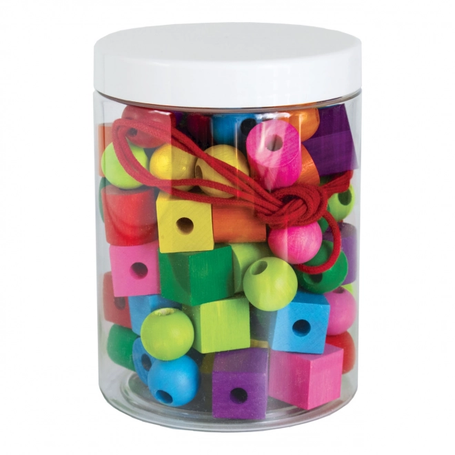 Maxi houten gekleurde kralen met koord 92 stuks in plastic doos 10x14cm