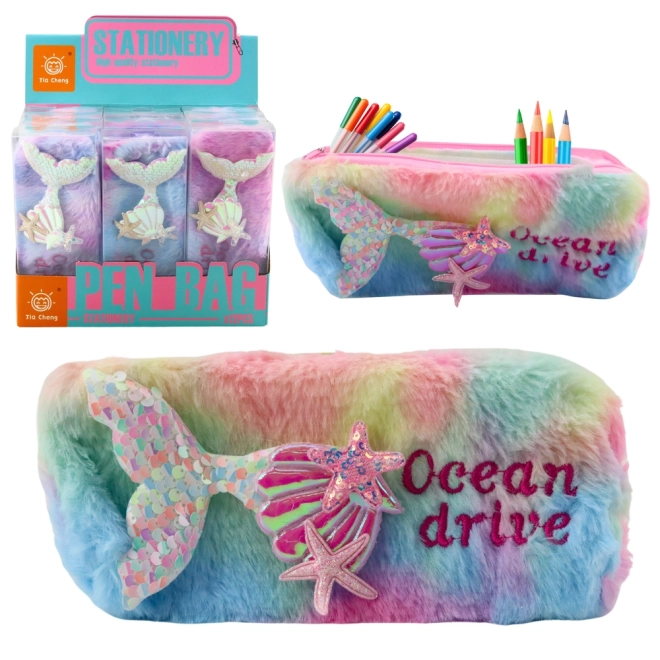 Pluchen etui met zeemeerminstaart en pailletten in pastelkleuren