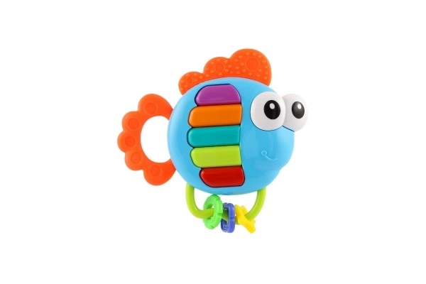 Rammelaar/bijtfiguur vis piano plastic 14x14cm op batterijen met geluid, licht op kaart 3m+