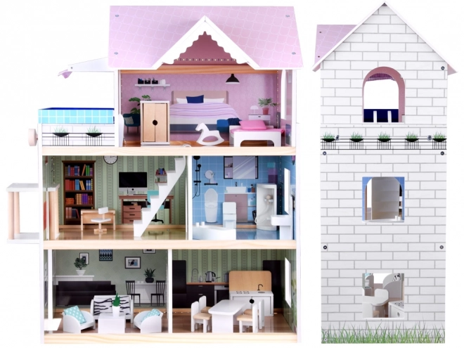 Houten poppenhuis met zwembad en LED-verlichting