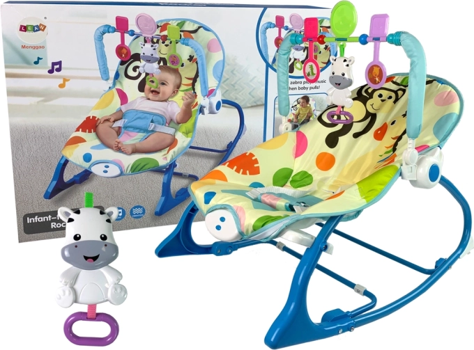 Wieg en schommelstoeltje 2-in-1 blauwe zebra met geluiden en vibraties