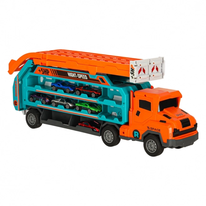 Racebaan met takelwagen en transporter 6 delen - oranje