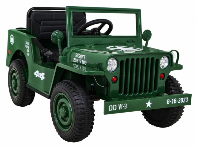 Retro groen militair voertuig voor kinderen + aandrijving 4x4 + afstandsbediening + 2 bagagedragers + langzame start + MP3 LED