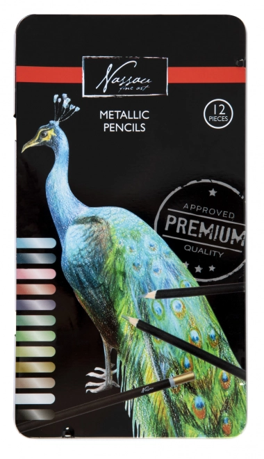 Metallic kleurpotloden in een blikken doos