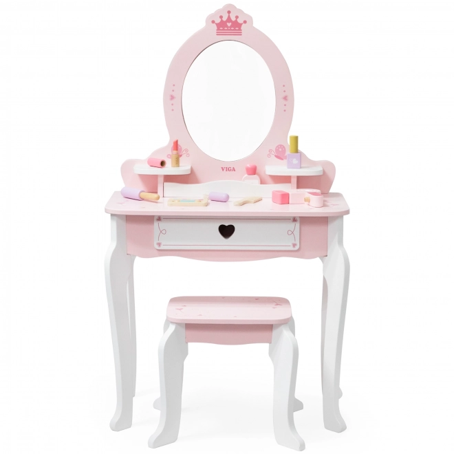 Houten kaptafel en kruk Viga wit en roze met spiegel