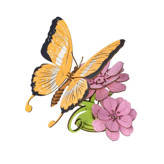 Woodcraft Houten 3D-puzzel Vlinder op gekleurde bloemen
